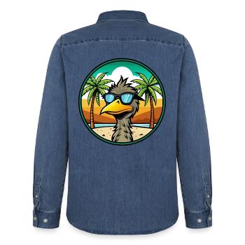 Emu Funny Cartoon Summer Beach Sunglasses Sticker - Men’s Organic Denim Shirt by Stanley/Stella - mid washy  - Back - AI Model Male 185 light (185cm)