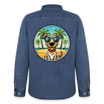 Plott Hound Hund Rasse Cartoon Sonnenbrille Strand - Männer Jeanshemd Organic von Stanley/Stella - verwaschenes Mittelblau  - Hinten - AI Model Male 185 light (185cm)
