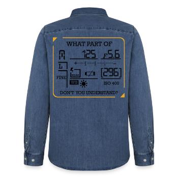 Photography Funny Sayings Photographers Gift - Men’s Organic Denim Shirt by Stanley/Stella - mid washy  - Back - AI Model Male 185 light (185cm)