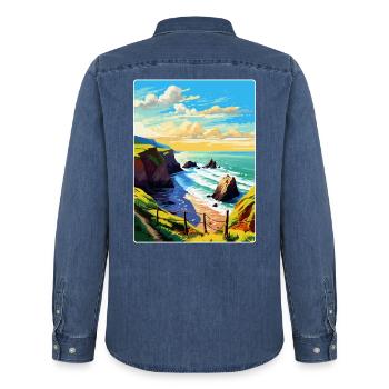 Hartland Quay Devon Vintage Travel Poster Souvenir - Men’s Organic Denim Shirt by Stanley/Stella - mid washy  - Back - AI Model Male 185 light (185cm)