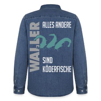 Wels fischen Kampf mit dem starken Wels - Männer Jeanshemd Organic von Stanley/Stella - verwaschenes Mittelblau  - Hinten - AI Model Male 185 light (185cm)