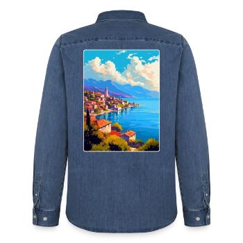Ohrid Nordmazedonien Vintage Reiseposter WPA - Männer Jeanshemd Organic von Stanley/Stella - verwaschenes Mittelblau  - Hinten - AI Model Male 185 light (185cm)