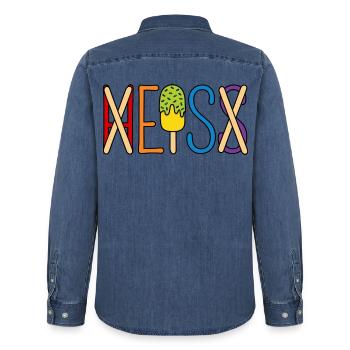 Eis - heiß - H EIS S - Männer Jeanshemd Organic von Stanley/Stella - verwaschenes Mittelblau  - Hinten - AI Model Male 185 light (185cm)