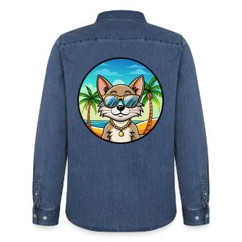 Brasilianisch Kurzhaar Katzenrasse Cartoon Sonnenbrille - Männer Jeanshemd Organic von Stanley/Stella - verwaschenes Mittelblau  - Hinten - AI Model Male 185 light (185cm)