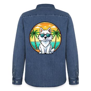 Amerikanischer Eskimo Hund Rasse Cartoon Sonnenbrille Strand - Männer Jeanshemd Organic von Stanley/Stella - verwaschenes Mittelblau  - Hinten - AI Model Male 185 light (185cm)