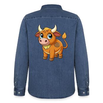 Taureau mignon mascotte personnage de dessin animé Kawaii - Chemise en denim homme bio Stanley/Stella - bleu moyen délavé  - Dos - AI Model Male 185 light (185cm)