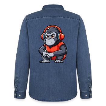 Gorille Funny Cartoon Character Musique de casque - Chemise en denim homme bio Stanley/Stella - bleu moyen délavé  - Dos - AI Model Male 185 light (185cm)