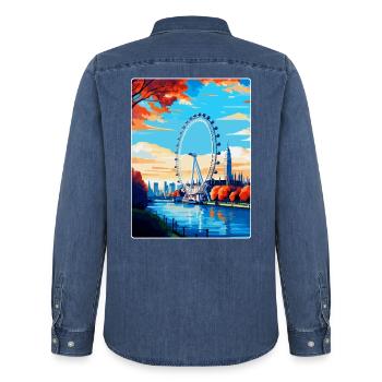 London Eye England Uk Vintage Reiseposter WPA - Männer Jeanshemd Organic von Stanley/Stella - verwaschenes Mittelblau  - Hinten - AI Model Male 185 light (185cm)