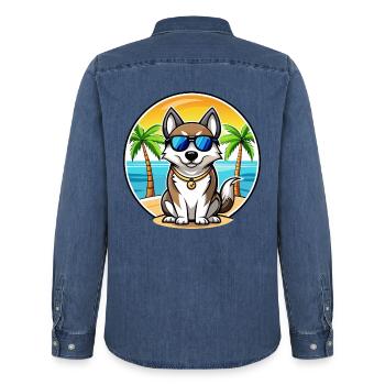 Ostsibirische Laika-Hunderasse Cartoon-Sonnenbrille - Männer Jeanshemd Organic von Stanley/Stella - verwaschenes Mittelblau  - Hinten - AI Model Male 185 light (185cm)