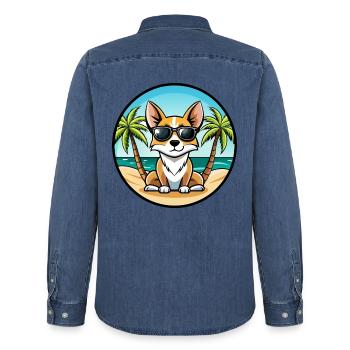Miniatur Foxterrier Hunderasse Cartoon Sonnenbrille - Männer Jeanshemd Organic von Stanley/Stella - verwaschenes Mittelblau  - Hinten - AI Model Male 185 light (185cm)