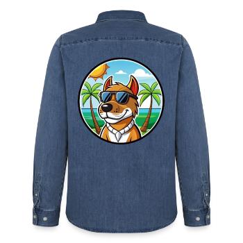 Norwegischer Windhund Dunker Hunderasse Cartoon Strand - Männer Jeanshemd Organic von Stanley/Stella - verwaschenes Mittelblau  - Hinten - AI Model Male 185 light (185cm)