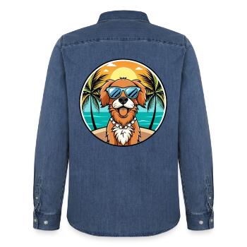 Épagneul picard race de chien dessin animé lunettes de soleil plage - Chemise en denim homme bio Stanley/Stella - bleu moyen délavé  - Dos - AI Model Male 185 light (185cm)