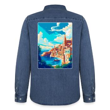 La Valette Malte Affiche de voyage vintage Souvenir WPA - Chemise en denim homme bio Stanley/Stella - bleu moyen délavé  - Dos - AI Model Male 185 light (185cm)
