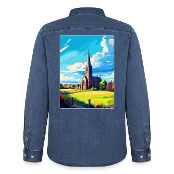 St Andrews, Écosse, Royaume-Uni, Affiche de voyage, Souvenir WPA - Chemise en denim homme bio Stanley/Stella - bleu moyen délavé  - Dos - AI Model Male 185 light (185cm)
