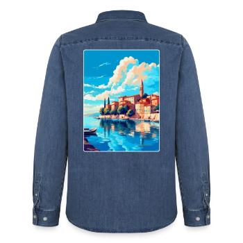 Novigrad Kroatien Vintage Reise Poster Souvenir - Männer Jeanshemd Organic von Stanley/Stella - verwaschenes Mittelblau  - Hinten - AI Model Male 185 light (185cm)