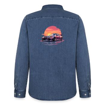 Coucher de soleil sur l’horizon - Chemise en denim homme bio Stanley/Stella - bleu moyen délavé  - Dos - AI Model Male 185 light (185cm)
