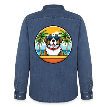 Bernhardiner Hunderasse Cartoon Sonnenbrille Strand - Männer Jeanshemd Organic von Stanley/Stella - verwaschenes Mittelblau  - Hinten - AI Model Male 185 light (185cm)