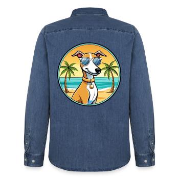 Englischer Whippet Hund Rasse Cartoon Sonnenbrille Strand - Männer Jeanshemd Organic von Stanley/Stella - verwaschenes Mittelblau  - Hinten - AI Model Male 185 light (185cm)