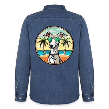 Englischer Whippet Hund Rasse Cartoon Sonnenbrille Strand - Männer Jeanshemd Organic von Stanley/Stella - verwaschenes Mittelblau  - Hinten - AI Model Male 185 light (185cm)