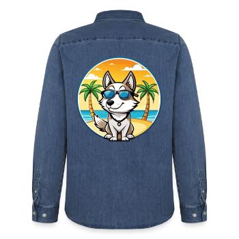 Westsibirische Laika-Hunderasse Cartoon-Sonnenbrille - Männer Jeanshemd Organic von Stanley/Stella - verwaschenes Mittelblau  - Hinten - AI Model Male 185 light (185cm)