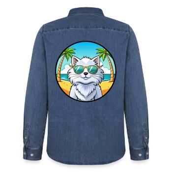 Weiße Langhaarkatze Persische Katzenrasse Cartoon Strand - Männer Jeanshemd Organic von Stanley/Stella - verwaschenes Mittelblau  - Hinten - AI Model Male 185 light (185cm)