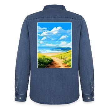 Northumberland Vintage Voyage Poster Souvenir WPA - Chemise en denim homme bio Stanley/Stella - bleu moyen délavé  - Dos - AI Model Male 185 light (185cm)
