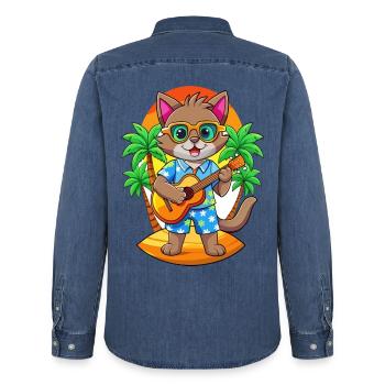 Lustige Katze Cartoon Sommer Strand Sonnenbrille Gitarre - Männer Jeanshemd Organic von Stanley/Stella - verwaschenes Mittelblau  - Hinten - AI Model Male 185 light (185cm)