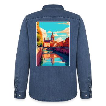 Toulouse Frankreich Vintage Reiseplakat Souvenir WPA - Männer Jeanshemd Organic von Stanley/Stella - verwaschenes Mittelblau  - Hinten - AI Model Male 185 light (185cm)