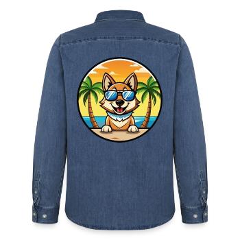 Tschechoslowakische Vlcak Hunderasse Cartoon Sonnenbrille - Männer Jeanshemd Organic von Stanley/Stella - verwaschenes Mittelblau  - Hinten - AI Model Male 185 light (185cm)