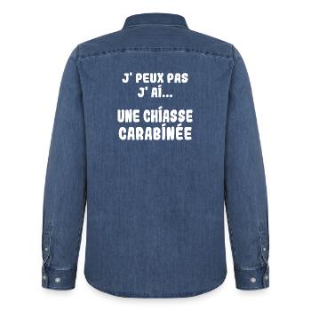 J'peux pas j'ai une Chiasse carabinée - Chemise en denim homme bio Stanley/Stella - bleu moyen délavé  - Dos - AI Model Male 185 light (185cm)