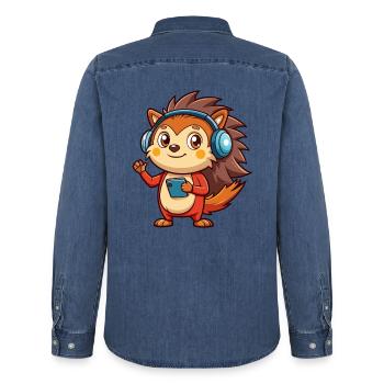 Igel Lustige Zeichentrickfigur Kopfhörer Musik - Männer Jeanshemd Organic von Stanley/Stella - verwaschenes Mittelblau  - Hinten - AI Model Male 185 light (185cm)