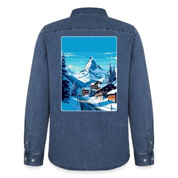 Zermatt Schweiz Vintage Reiseplakat Souvenir - Männer Jeanshemd Organic von Stanley/Stella - verwaschenes Mittelblau  - Hinten - AI Model Male 185 light (185cm)