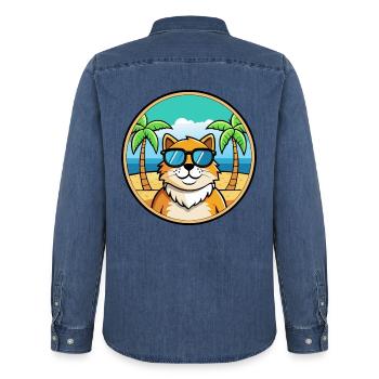 Ragamuffin Katzenrasse Cartoon Sonnenbrille Strand - Männer Jeanshemd Organic von Stanley/Stella - verwaschenes Mittelblau  - Hinten - AI Model Male 185 light (185cm)