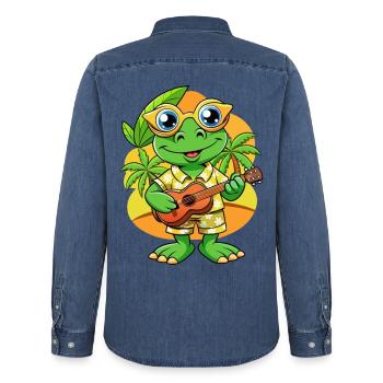 Lustige Frosch Cartoon Sommer Strand Sonnenbrille Gitarre - Männer Jeanshemd Organic von Stanley/Stella - verwaschenes Mittelblau  - Hinten - AI Model Male 185 light (185cm)