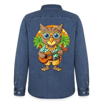Drôle Hibou Dessin Animé Plage D’été Lunettes De Soleil Guitare - Chemise en denim homme bio Stanley/Stella - bleu moyen délavé  - Dos - AI Model Male 185 light (185cm)