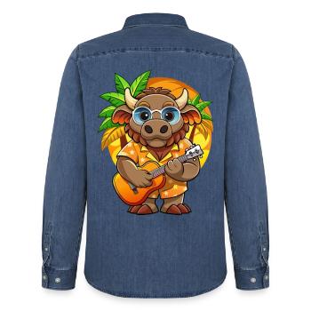 Lustige Bison Cartoon Sommer Strand Sonnenbrille Gitarre - Männer Jeanshemd Organic von Stanley/Stella - verwaschenes Mittelblau  - Hinten - AI Model Male 185 light (185cm)