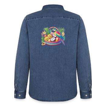 Fruit basket with parrot - Men’s Organic Denim Shirt by Stanley/Stella - mid washy  - Back - AI Model Male 185 light (185cm)