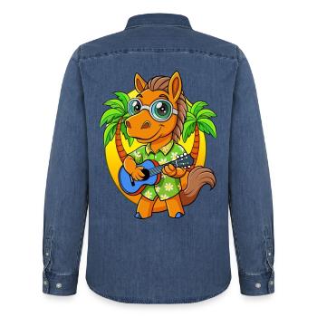 Lustige Pferd Sommer Strand Sonnenbrille Hawaiianisch - Männer Jeanshemd Organic von Stanley/Stella - verwaschenes Mittelblau  - Hinten - AI Model Male 185 light (185cm)