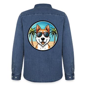 Foxterrier Smooth Dog Rasse Cartoon Sonnenbrille - Männer Jeanshemd Organic von Stanley/Stella - verwaschenes Mittelblau  - Hinten - AI Model Male 185 light (185cm)