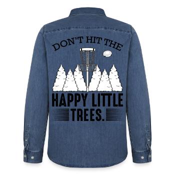 Ne frappez pas le cadeau de golf Happy Little Trees Disc - Chemise en denim homme bio Stanley/Stella - bleu moyen délavé  - Dos - AI Model Male 185 light (185cm)