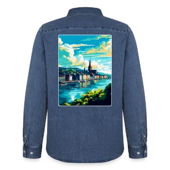 Coblence Allemagne Affiche de voyage vintage Souvenir WPA - Chemise en denim homme bio Stanley/Stella - bleu moyen délavé  - Dos - AI Model Male 185 light (185cm)