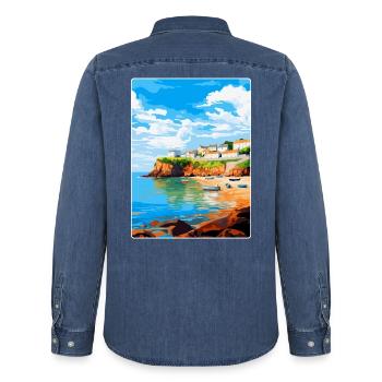 Portscatho Cornwall England Vereinigtes Königreich Reiseposter WPA - Männer Jeanshemd Organic von Stanley/Stella - verwaschenes Mittelblau  - Hinten - AI Model Male 185 light (185cm)