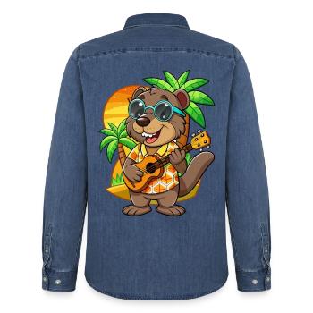 Lustige Biber Cartoon Sommer Strand Sonnenbrille - Männer Jeanshemd Organic von Stanley/Stella - verwaschenes Mittelblau  - Hinten - AI Model Male 185 light (185cm)