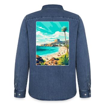 Gran Canaria Spain Vintage Travel Poster Souvenir - Men’s Organic Denim Shirt by Stanley/Stella - mid washy  - Back - AI Model Male 185 light (185cm)
