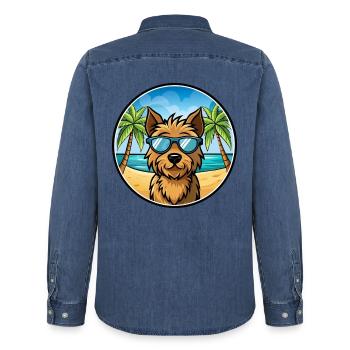Welsh Terrier Hunderasse Cartoon Sonnenbrille Strand - Männer Jeanshemd Organic von Stanley/Stella - verwaschenes Mittelblau  - Hinten - AI Model Male 185 light (185cm)