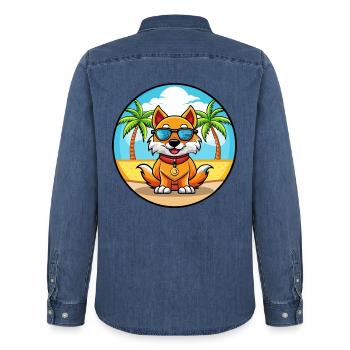 Chinesische kaiserliche Hunderasse Cartoon Sonnenbrille Strand - Männer Jeanshemd Organic von Stanley/Stella - verwaschenes Mittelblau  - Hinten - AI Model Male 185 light (185cm)