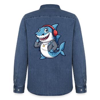 Hai Lustige Zeichentrickfigur Kopfhörer Musik - Männer Jeanshemd Organic von Stanley/Stella - verwaschenes Mittelblau  - Hinten - AI Model Male 185 light (185cm)