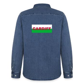 Cardiff City in Wales Flag United Kingdom - Men’s Organic Denim Shirt by Stanley/Stella - mid washy  - Back - AI Model Male 185 light (185cm)