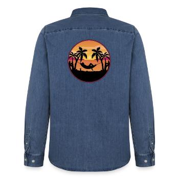 Palm Trees Hammock Sunset - Men’s Organic Denim Shirt by Stanley/Stella - mid washy  - Back - AI Model Male 185 light (185cm)