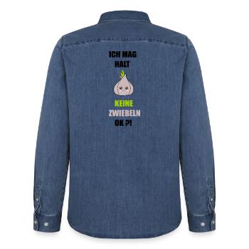 Ich mag keine Zwiebeln - Männer Jeanshemd Organic von Stanley/Stella - verwaschenes Mittelblau  - Hinten - AI Model Male 185 light (185cm)